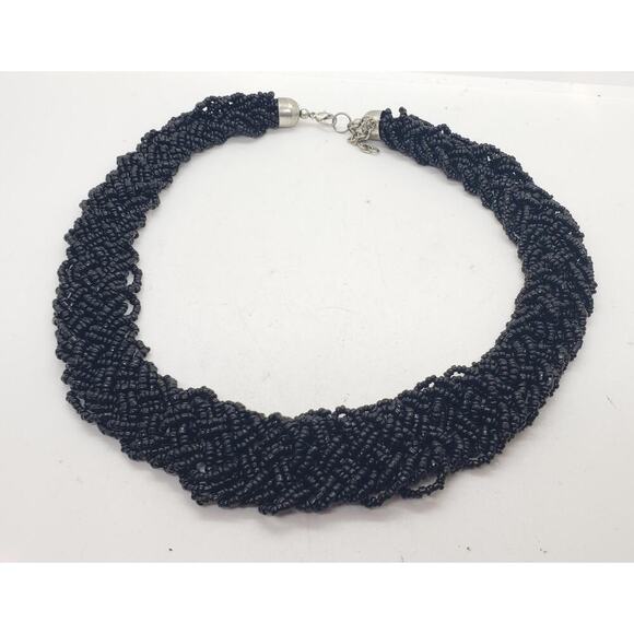 Black Glass Bead Multi Strand Braided Necklace Chunky Wide Twist Collar Choker - Picture 3 of 10